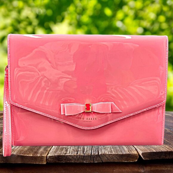 TED BAKER Envelope Clutch Wristlet Bag Vegan Patent Leather Wallet Handbag FLAW - Picture 1 of 13